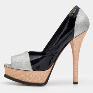 Fendi Silver/Black Lizard Embossed And Patent Leather Fendista Open Toe Platform